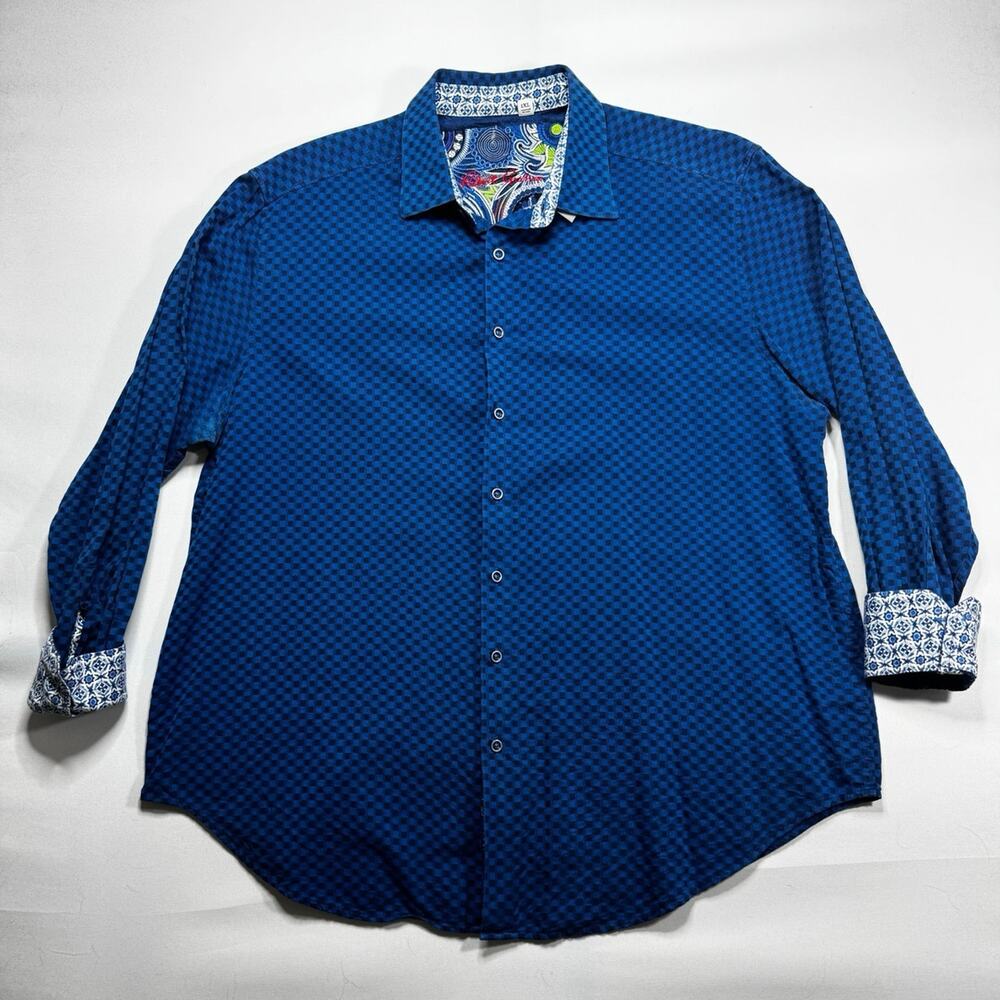 Robert Graham Men's Long Sleeve Blue Check Button Up Dress Shirt - Size 1XL